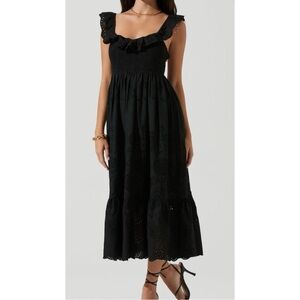 ASTR The Label Women's Black Cottage Eyelet Ruffle Midi Dress Size Medium